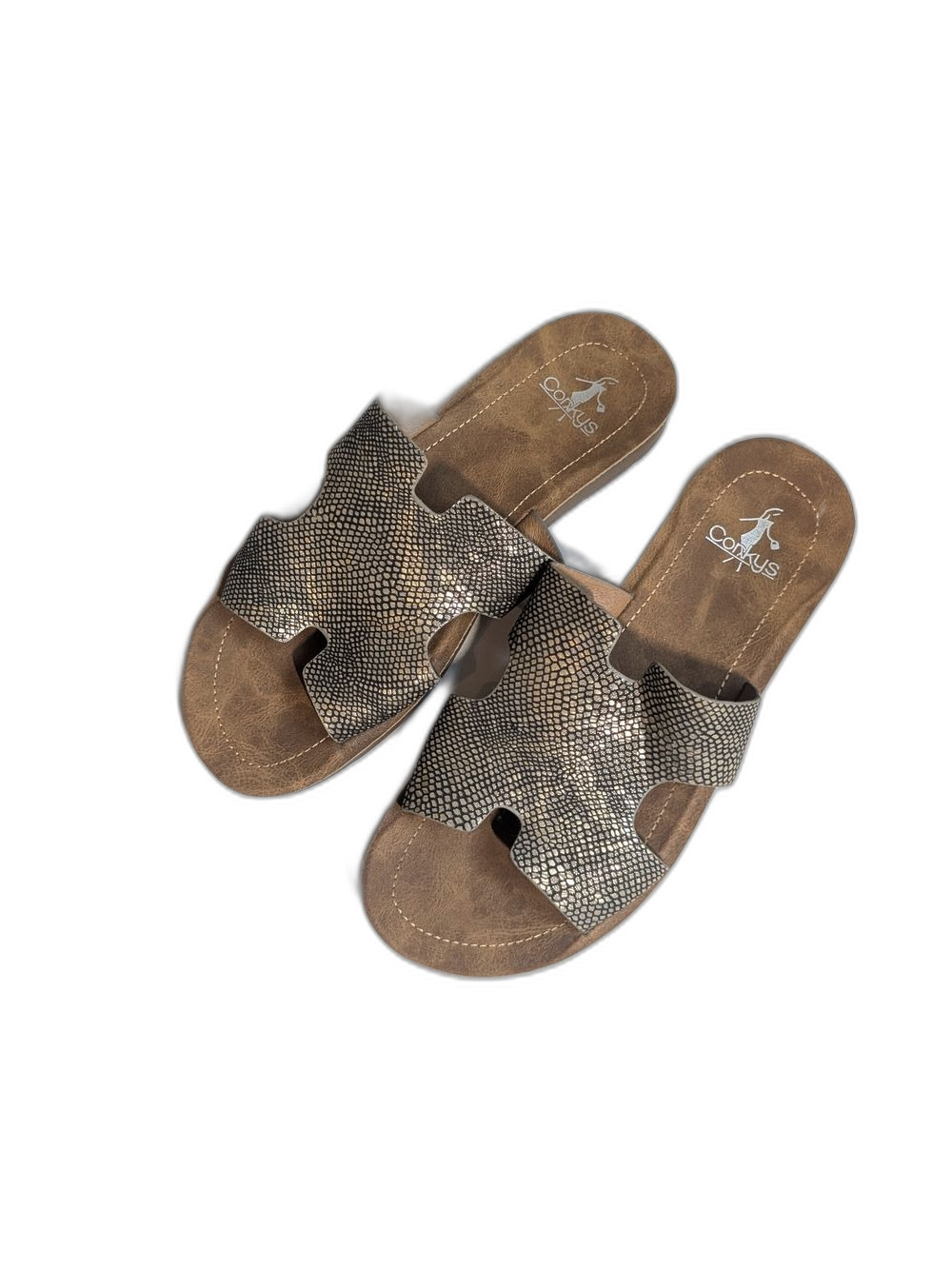 Corkys Bogalusa Snake-Print Slide Sandals in Taupe